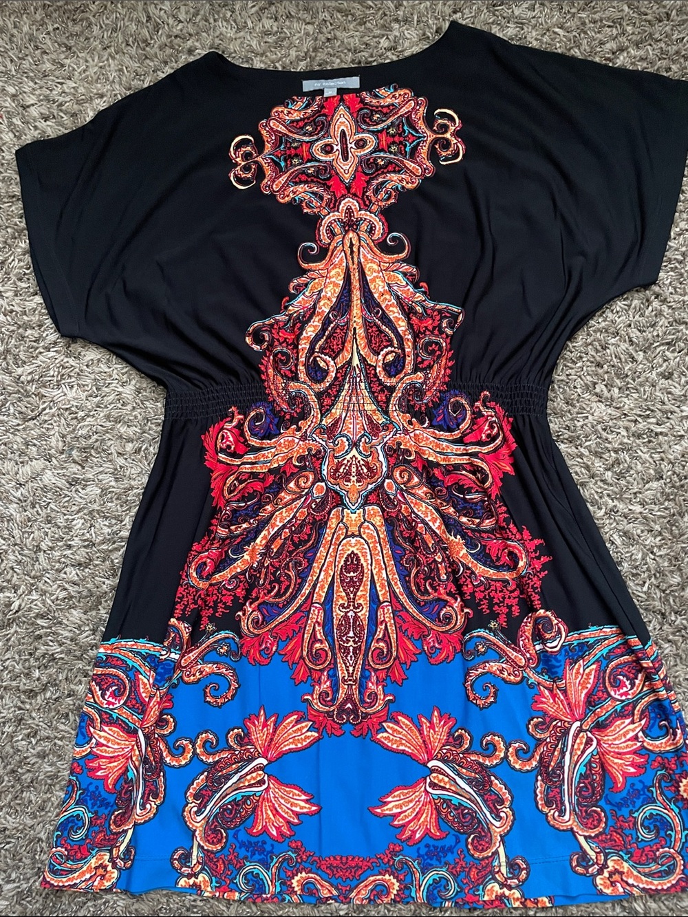 NY Collection Black Mini Dress with Multicolor Paisley Accents